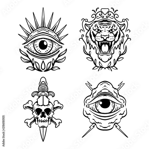 Gothic Tattoo Flash Set with Skull Tiger and Eye Vintage Illustration