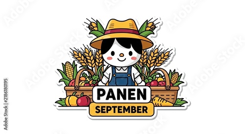 Tapety artystyczne Charming Farmer Character with Harvest Bounty Basket and September Harvest Text