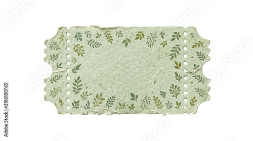 Vintage paper ticket with botanical leaf pattern isolated on transparent background