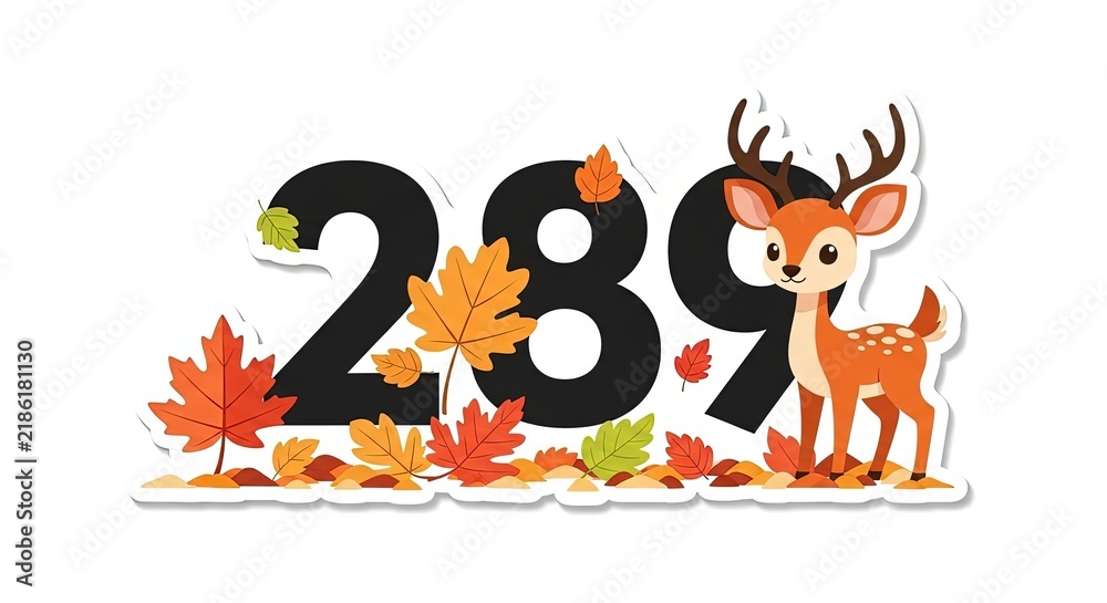 Naklejka premium Cute Cartoon Deer and Number 289 with Autumn Leaves