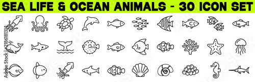 Sea Life Ocean Animals Icon Set, Marine Life, Editable Stroke Vector