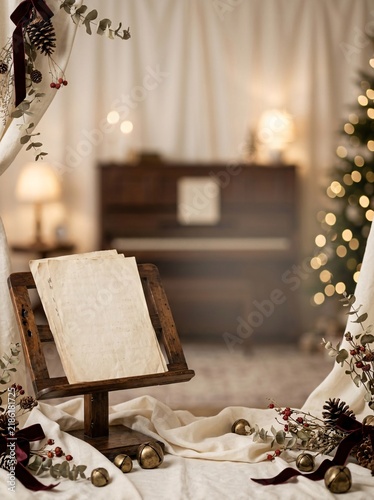 Vintage music stand with aged paper sheets in warm room featuring piano and christmas tree creates nostalgic holiday mood with border frame and copy space