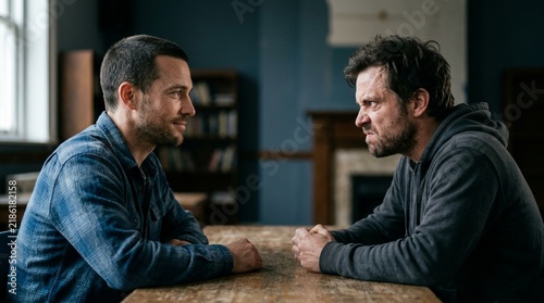 Two men confronting each other, intense conversation across a table.