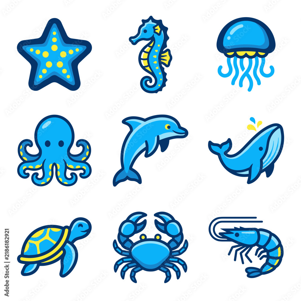 Fototapeta premium Cute Marine Sea Life Vector Icon Set Featuring Dolphin Whale Turtle Crab Octopus Seahorse Aquatic Animals
