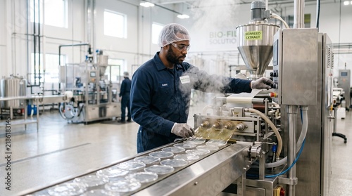 Worker operating machinery in a food production facility