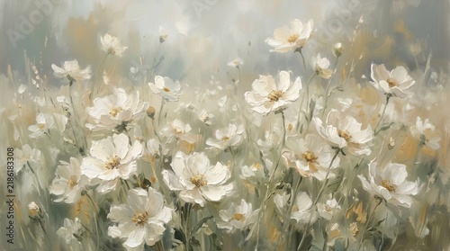 A dreamy field of spring wildflowers in white with a moody vintage atmosphere.
