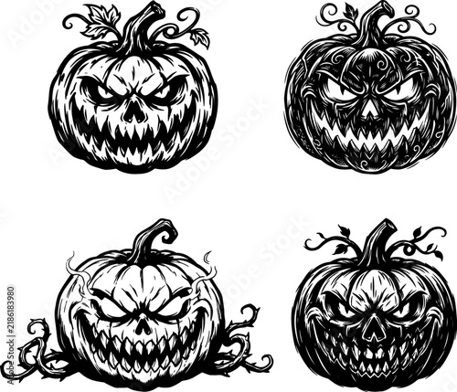 Collection of hand drawn scary jack o lantern pumpkin faces with evil expressions halloween pumpkin evil face