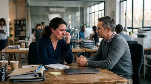 Woman Crying at Work, Man Comforting Her, Office Discussion, Sadness, Support