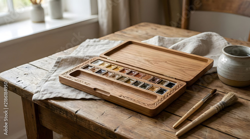 Wooden watercolor palette with paint on a rustic table.