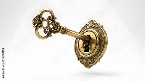 Ornate Antique Gold Key in Front of Hidden Lock