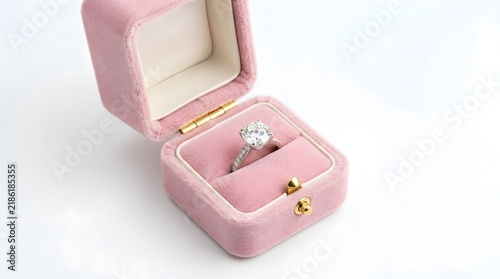 Elegant Diamond Ring in Soft Pink Ring Box with Open Lid