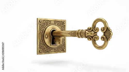 Elegant Ornate Brass Key Extended From Decorative Door Plate