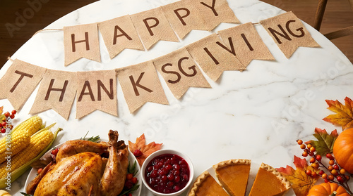 Thanksgiving dinner with turkey and festive banner.