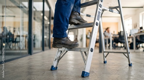 Professional Worker Climbing Metal Ladder Inside Modern Office