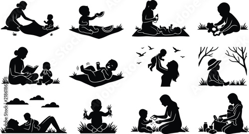 Set of black silhouettes depicting a mother and her baby in various outdoor activities, playing, sitting on a picnic blanket, and bonding