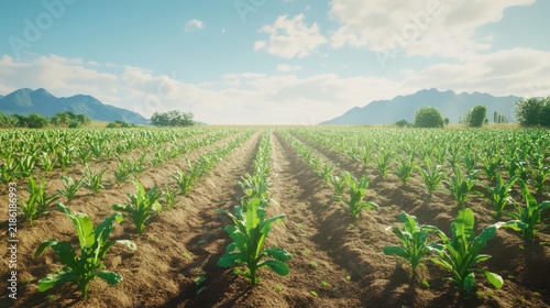 Young plants growing in neat rows across cultivated farmland