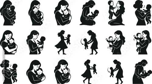 Set of black silhouettes showing a mother lifting, holding, and playing with her baby in various poses on a white background