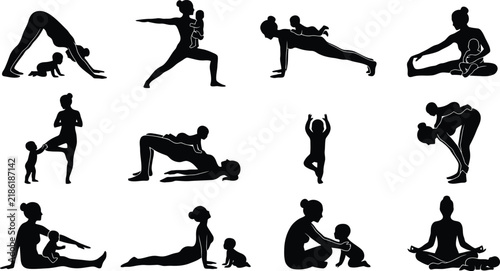 Set of black silhouettes showing a mother practicing yoga and fitness exercises with her baby, demonstrating various poses and healthy habits