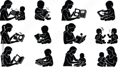Set of black silhouettes showing a mother reading books to her baby, turning pages, and interacting with educational on white background