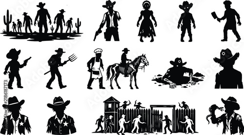 Set of western and horror themed silhouettes featuring cowboys, zombies, ghosts, and spooky figures on a white background