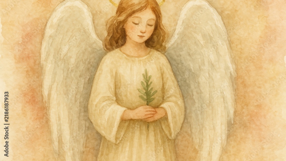 Fototapeta premium Serene angel watercolor desktop wallpaper.
