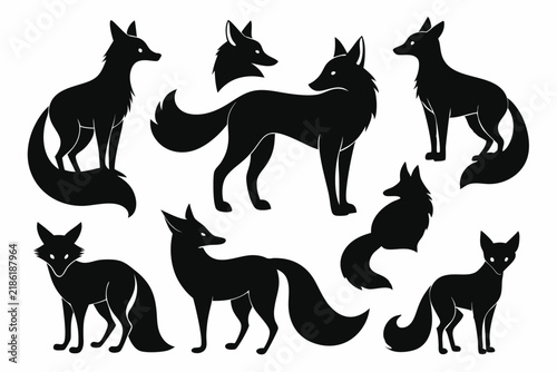 Black silhouette illustrations of various fox poses suitable for wildlife and animal themed designs