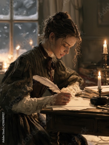 Vintage painting style of a solitary woman writing a letter at an old wooden desk, soft candle light, snow outside the window, romantic and nostalgic