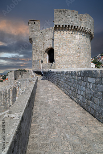 Minčeta Tower (Minčeta kula), built in the 14th century, the highest point and a prominent symbol of the walls of Dubrovnik, Croatia, renowned for their medieval defensive architecture.