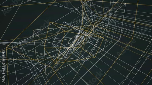 Intersecting gold and white geometric wireframe lines forming complex three dimensional cubes in deep space