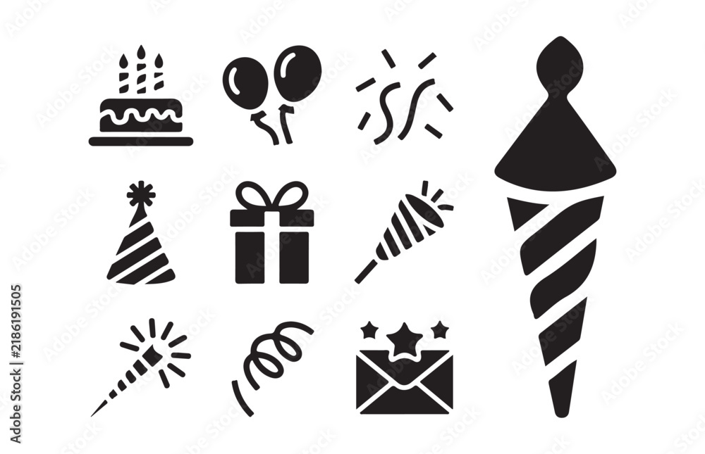 Fototapeta premium Party event icon set featuring black flat symbols for birthday planning and digital design.