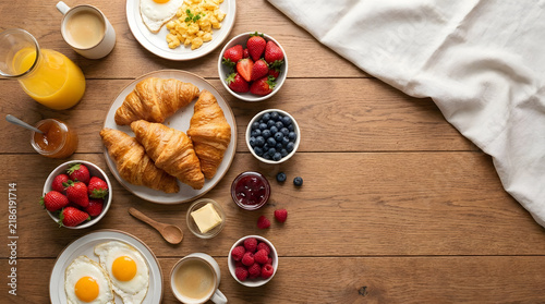 Top down view of breakfast with croissants.