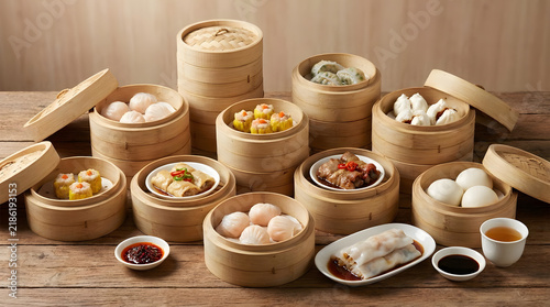 Traditional dim sum assortment in bamboo steamer baskets.