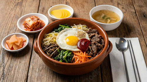 Traditional Korean bibimbap bowl with side dishes.