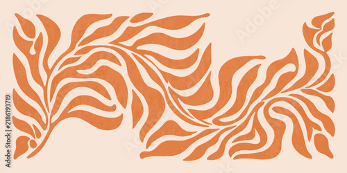 Orange flowing shapes create an abstract organic pattern on a peach background