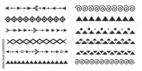 Black and white tribal border patterns arranged on a white background