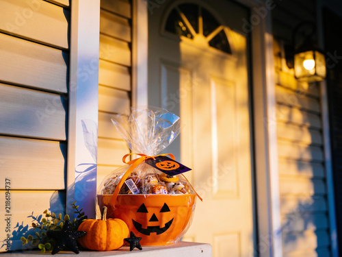 Minimalist Halloween Porch Decoration Beside Front Door with Warm Light