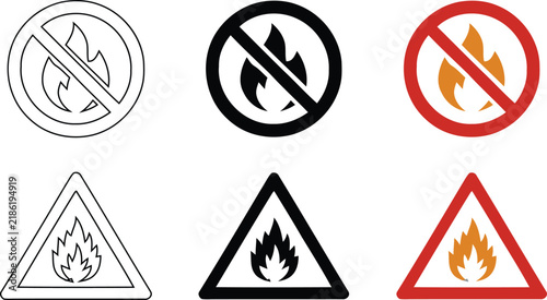 No fire and warning fire hazard symbols in circular and triangular frames, shown in outline, solid black, and red orange color variations