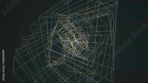Rotating geometric lines forming complex golden and silver wireframe structures on a dark deep surface