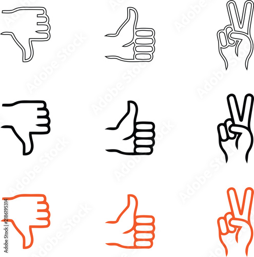 Hand gesture including thumbs down, thumbs up, and peace sign, in outline, solid black, and orange styles on a white background