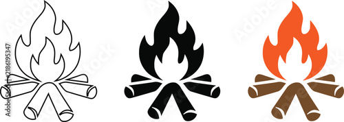 Campfire with flames and logs, presented in outline, solid black, and orange brown color styles on a clean white background surface
