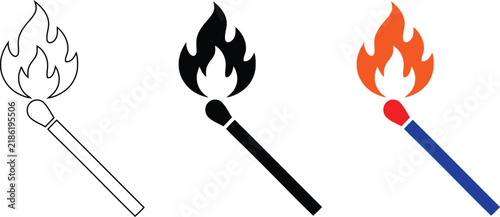 Three variations of a lit matchstick showing a thin black outline, a solid black silhouette, and a colored version with orange flame and blue