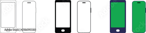 Three pairs of smartphone featuring thin black outlines, solid black silhouettes, and solid green screen versions on a white background