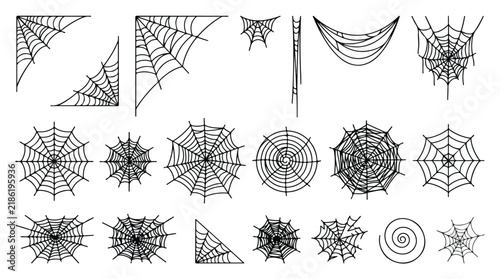 Spiderweb collection. Halloween decoration elements. Hand-drawn line art. Design asset.