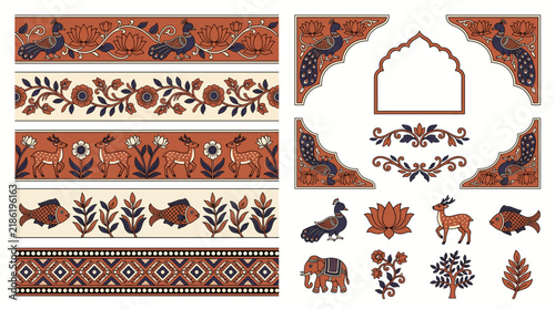 Indian Kalamkari Tree of Life Decorative Vector Elements Set