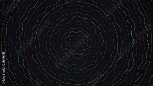 Thin glowing neon circular waves pulse outward in a rhythmic geometric pattern of concentric colorful lines