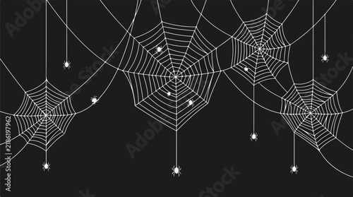 Spiderwebs and Spiders. Halloween Background. Dark Web Pattern. Night Scene. Graphic Resource.