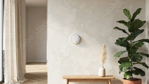 Textured Wall with Plant and Decor, Minimalist Interior Design, Modern Home Decor Concept, Neutral Color Palette.