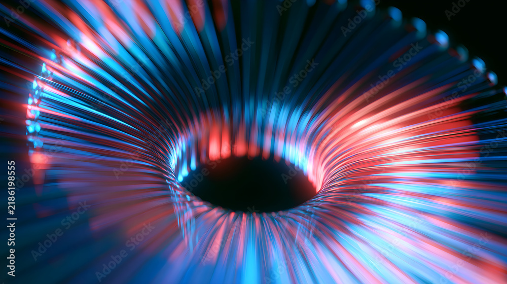 Obraz premium Abstract 3D Futuristic Metallic Spiral Tunnel Background with Glowing Neon Blue and Pink Light Reflections for High Speed Data Technology Motion Creative Design Concepts