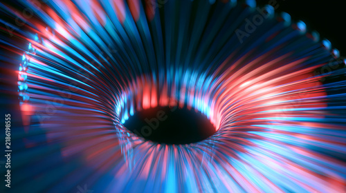 Abstract 3D Futuristic Metallic Spiral Tunnel Background with Glowing Neon Blue and Pink Light Reflections for High Speed Data Technology Motion Creative Design Concepts