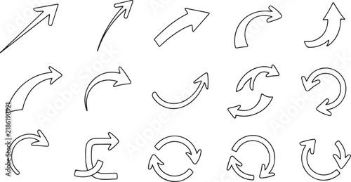 Hand-drawn arrow vector set, 15 black outline sketch arrows, curved and circular directional pointers for business presentations
